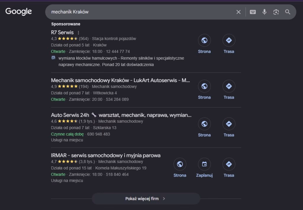 Google Local Pack dla frazy mechanik Kraków - pozycjonowanie stron Pogrzebień