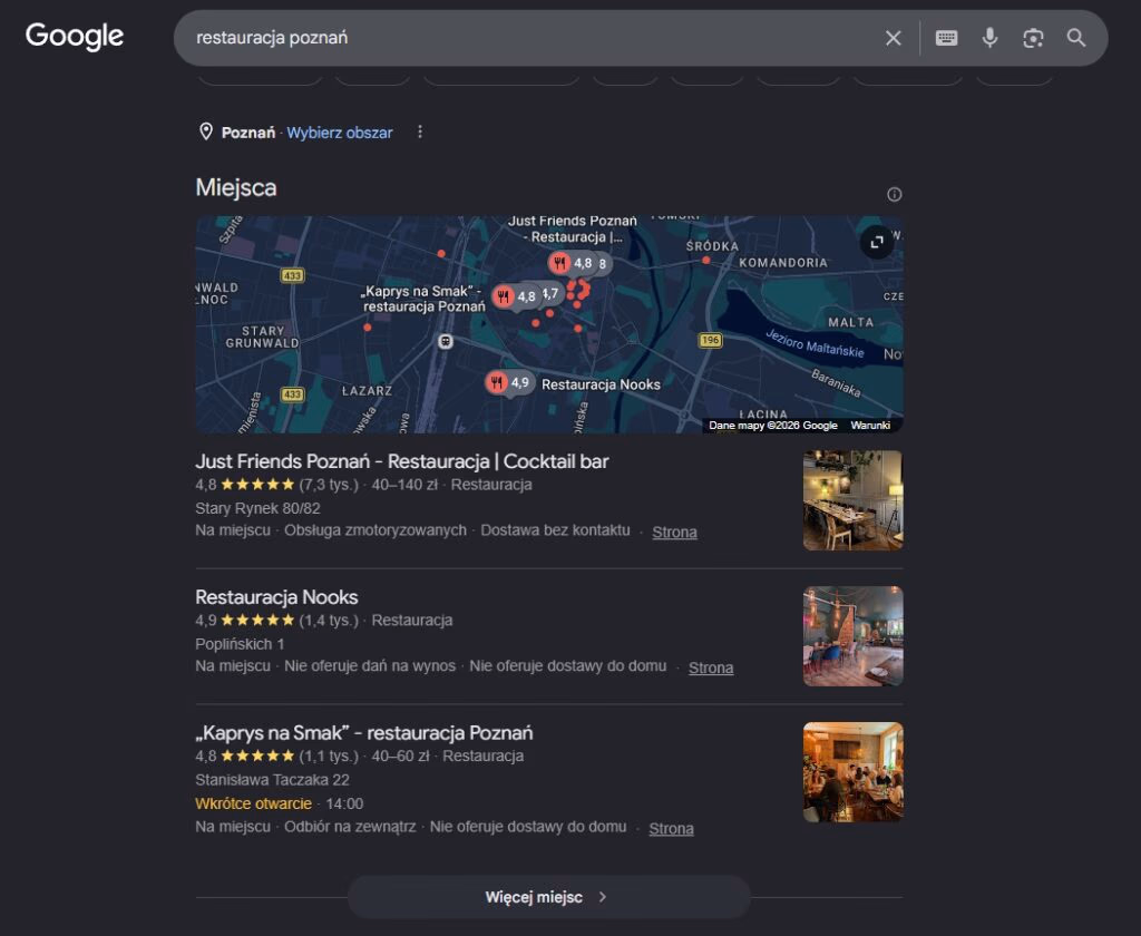 Local pack dla frazy restauracja Poznań - pozycjonowanie stron Lutowiska