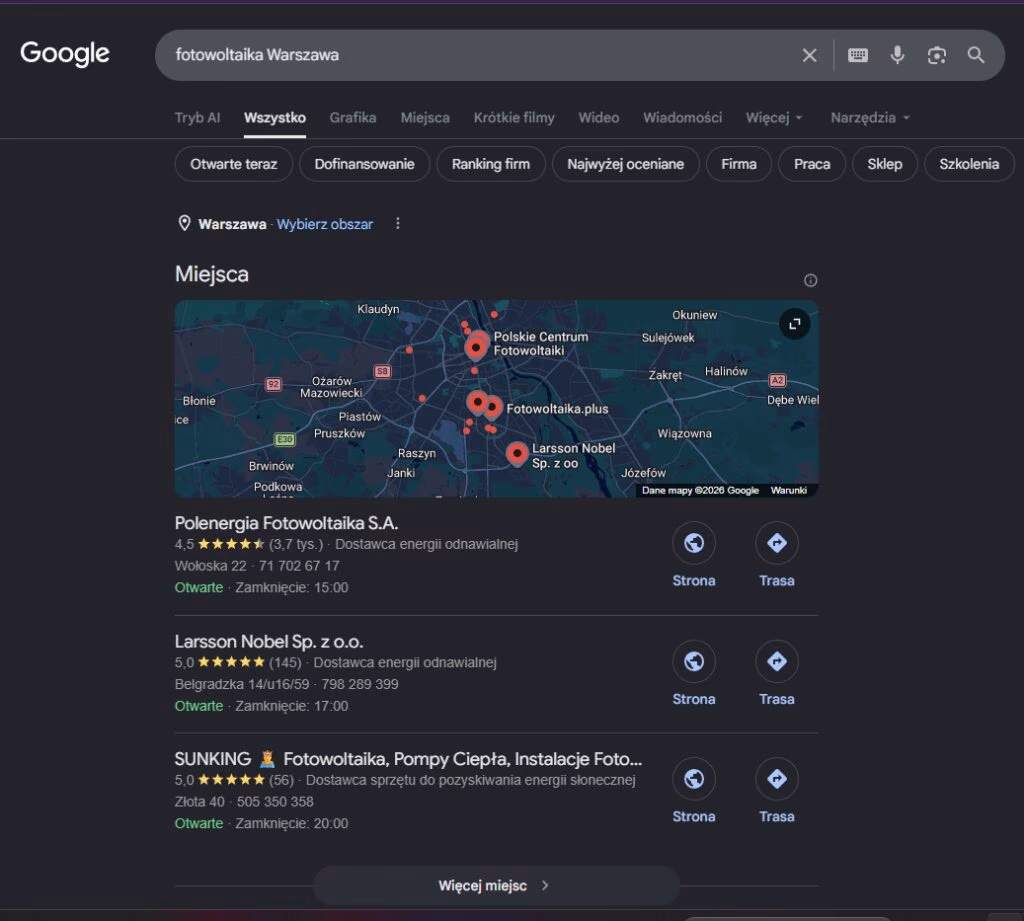Local Pack dla frazy fotowoltaika Warszawa - pozycjonowanie stron Jedlicze
