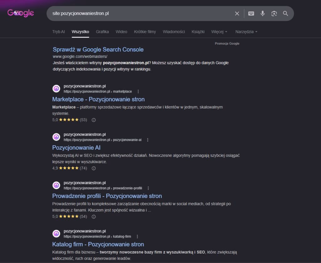 Zaindeksowane podstrony dla domeny pozycjonowaniestrony.pl - SEO Ryjewo
