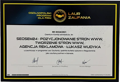 Certyfikat Laur Zaufania nr 03526/2021 dla agencji
