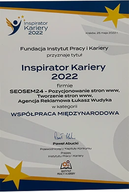 Dyplom Inspirator Kariery 2022 od Fundacji Instytut Pracy i Kariery